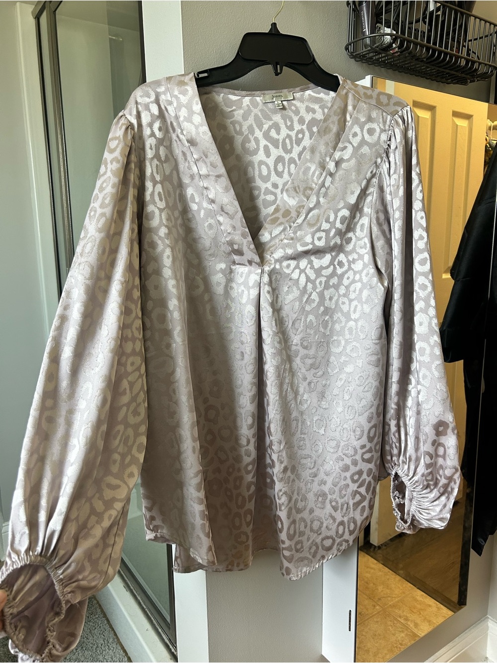 JODIFL Satin Animal-Jacquard V-Neck Blouse in Light Taupe